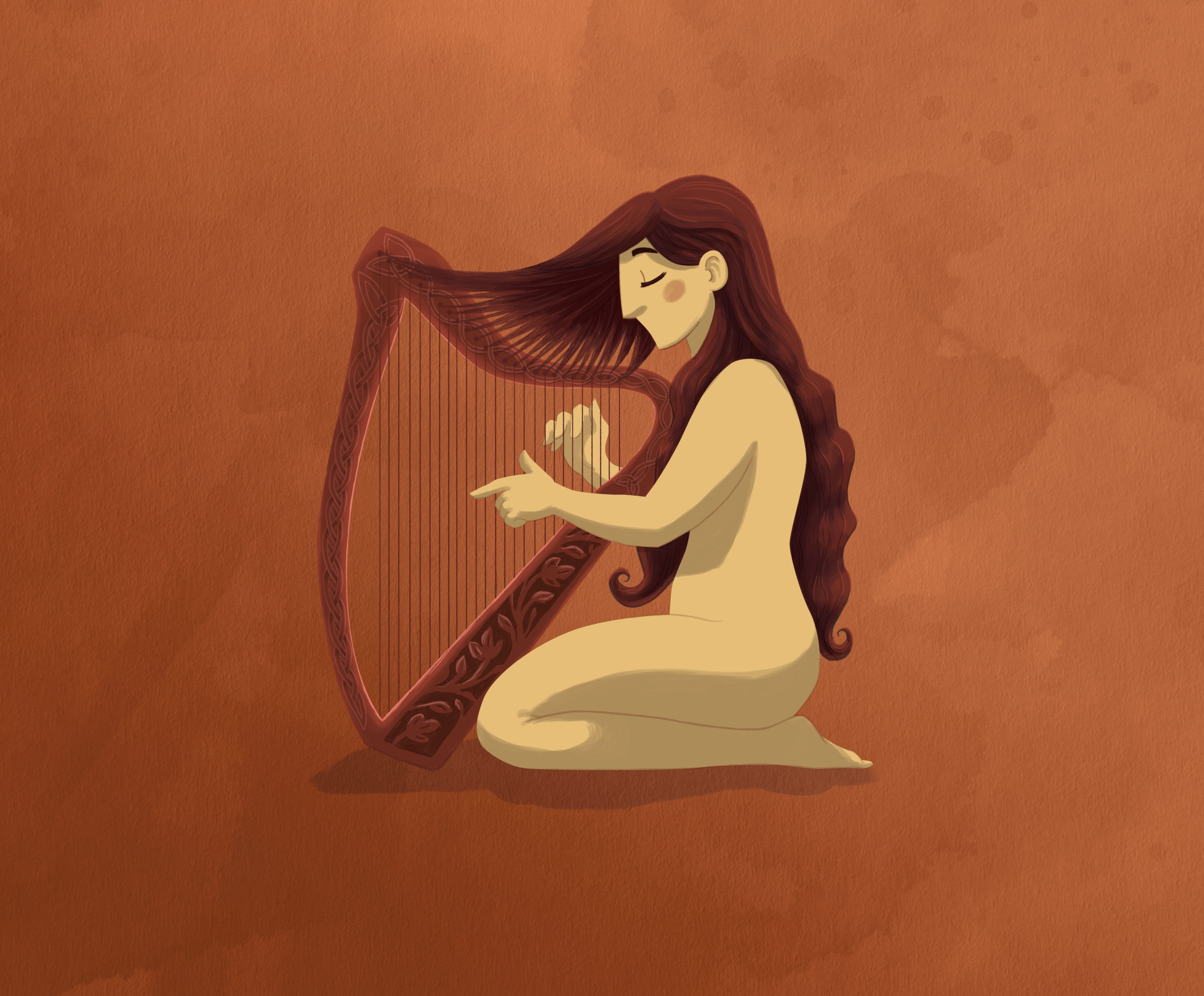 Frau, deren Haare in Saiten einer Harfe übergehen