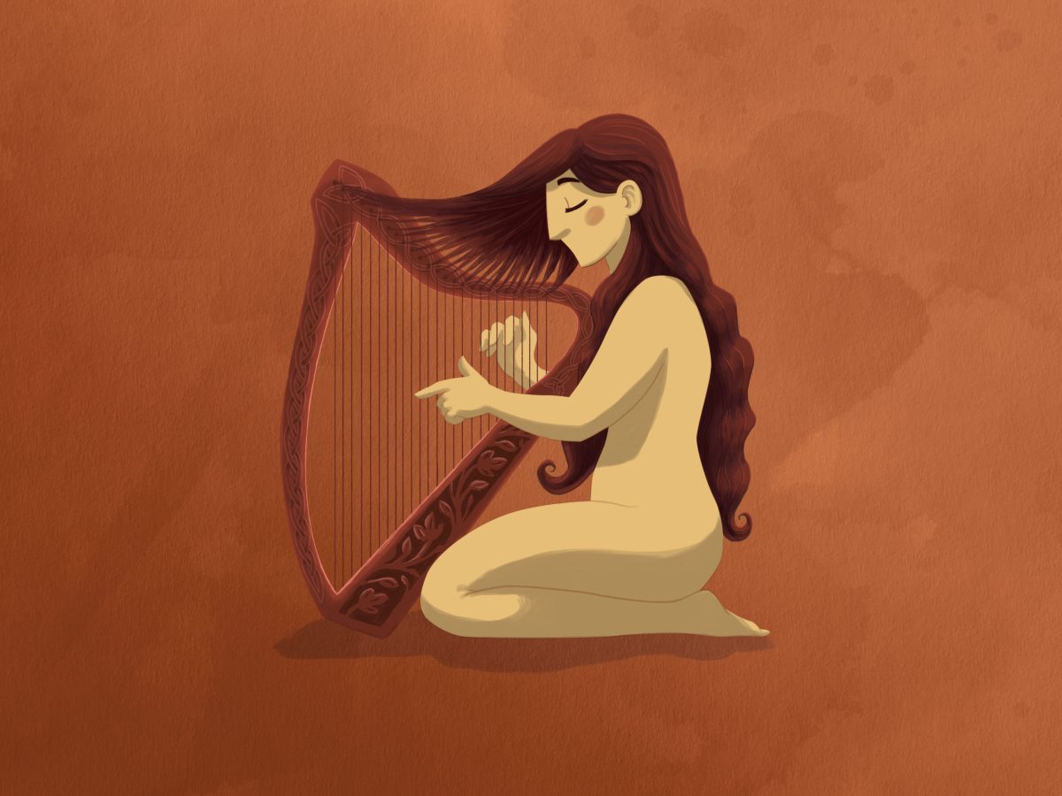 Frau, deren Haare in Saiten einer Harfe übergehen